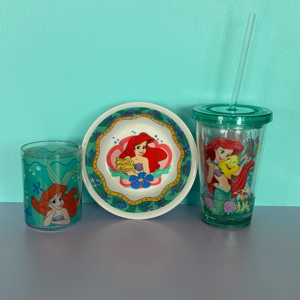 90s Disney The little Mermaid melamine Bowl & 2 cups